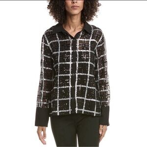 Chaser Black and Silver Sequin Button Down Shirt. PTP 21”. Length 27”